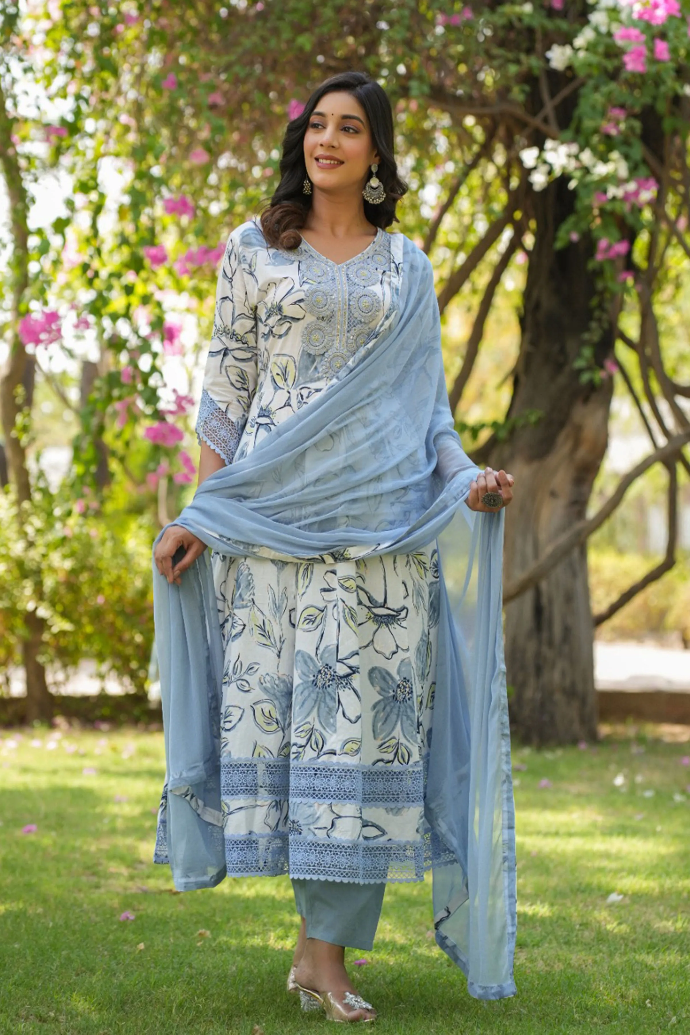 Ice Blue Floral Anarkali Suit Set