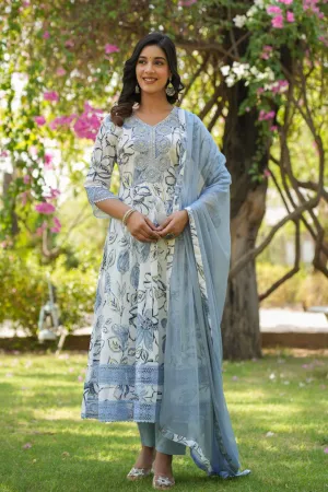 Ice Blue Floral Anarkali Suit Set