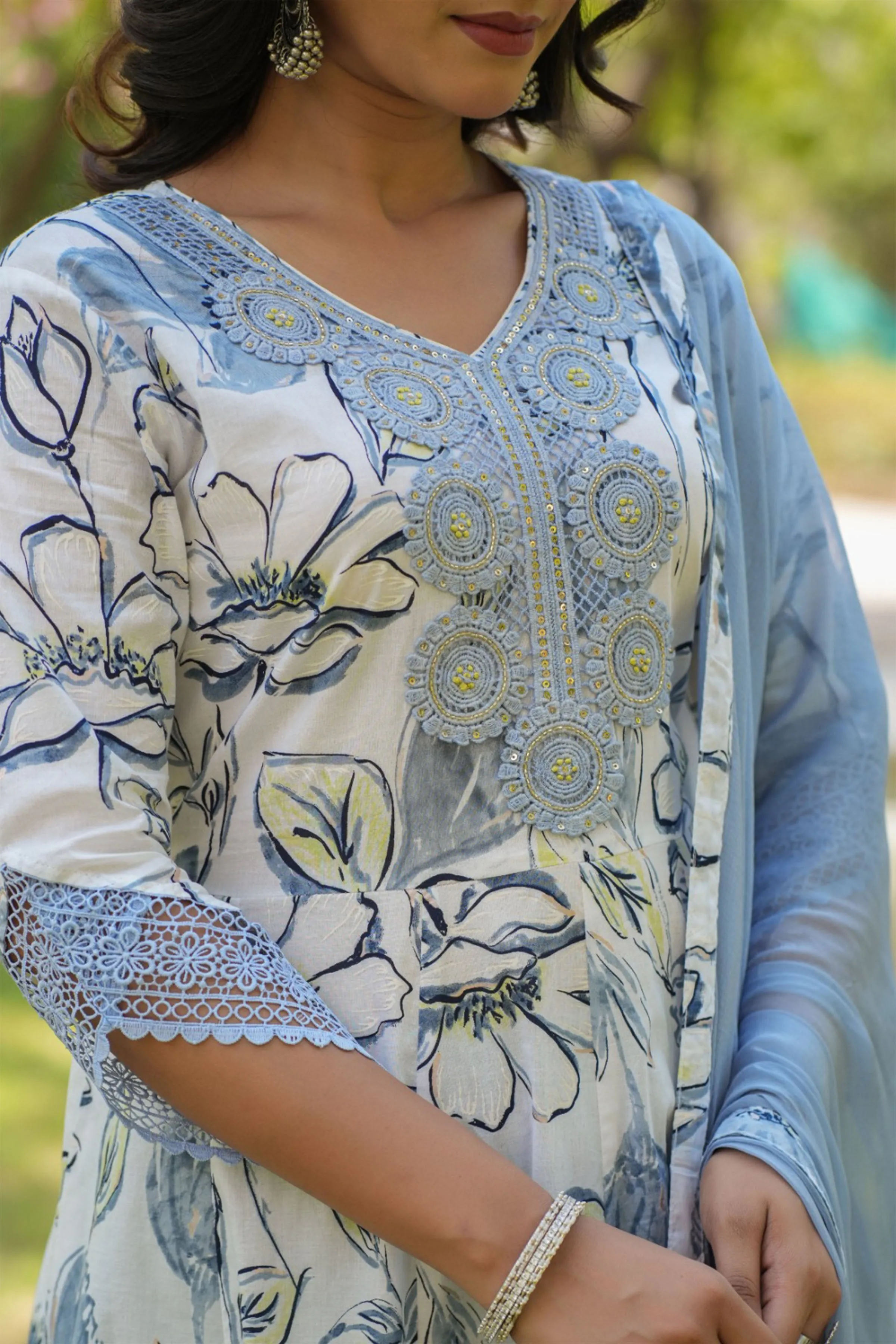 Ice Blue Floral Anarkali Suit Set