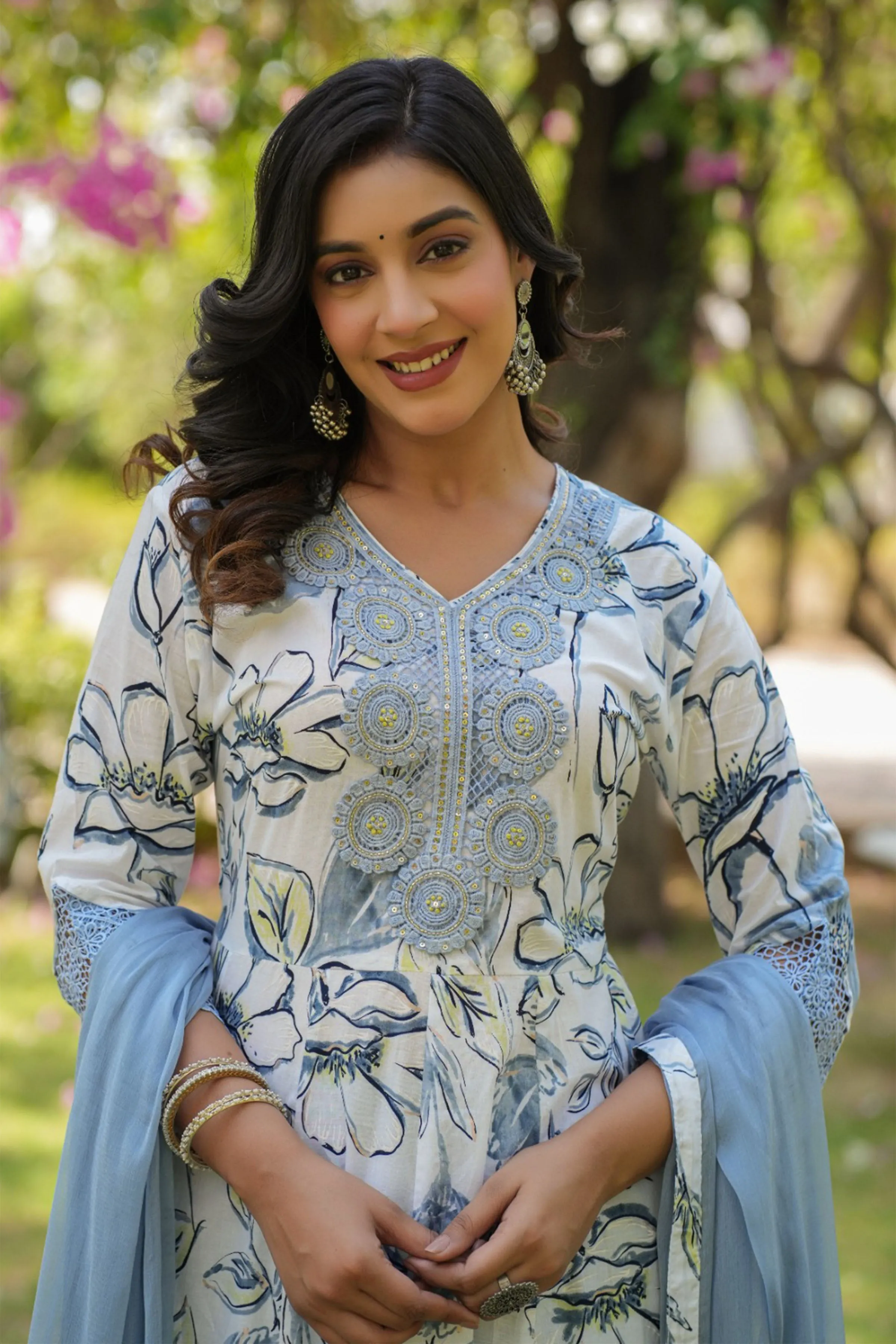Ice Blue Floral Anarkali Suit Set