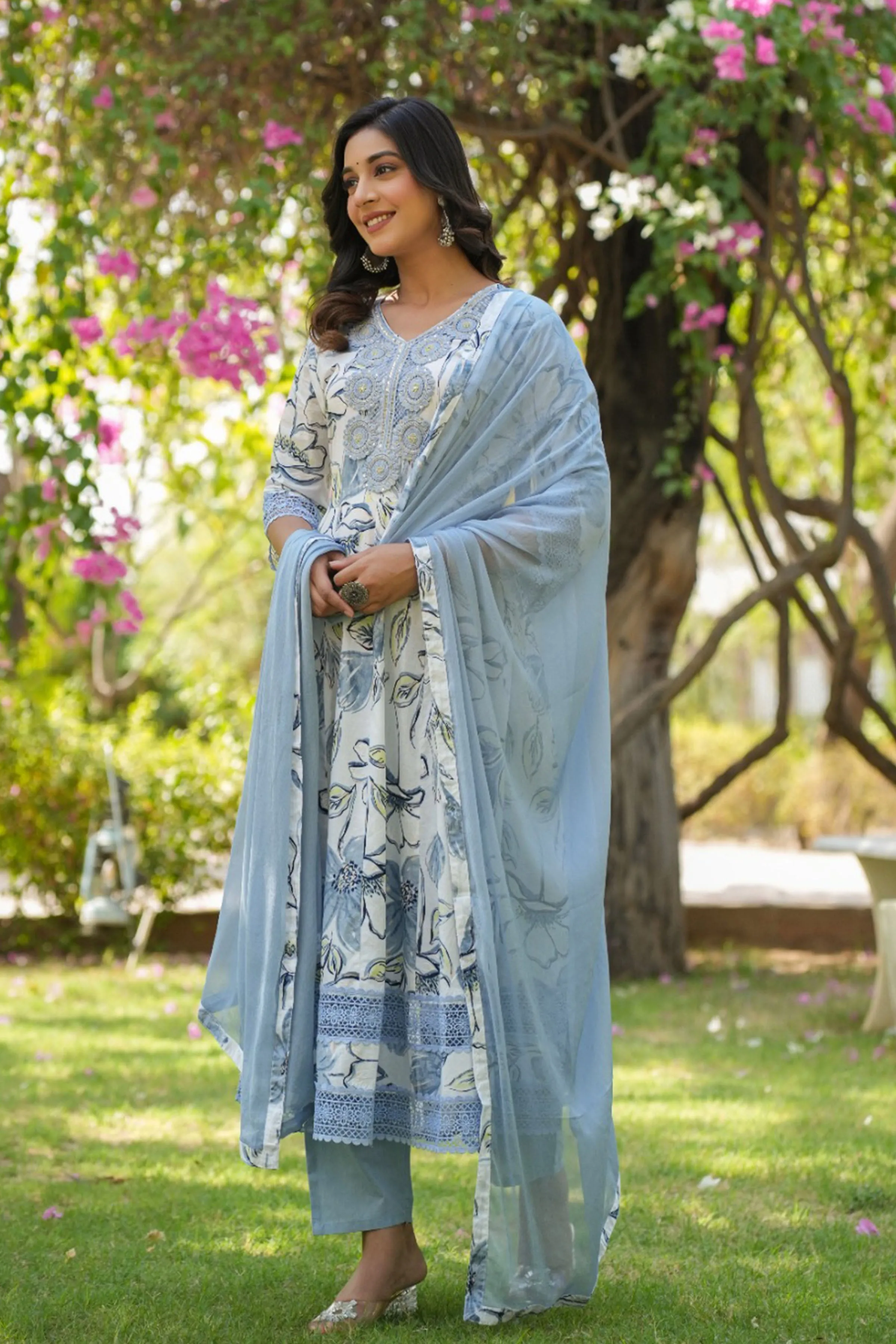 Ice Blue Floral Anarkali Suit Set