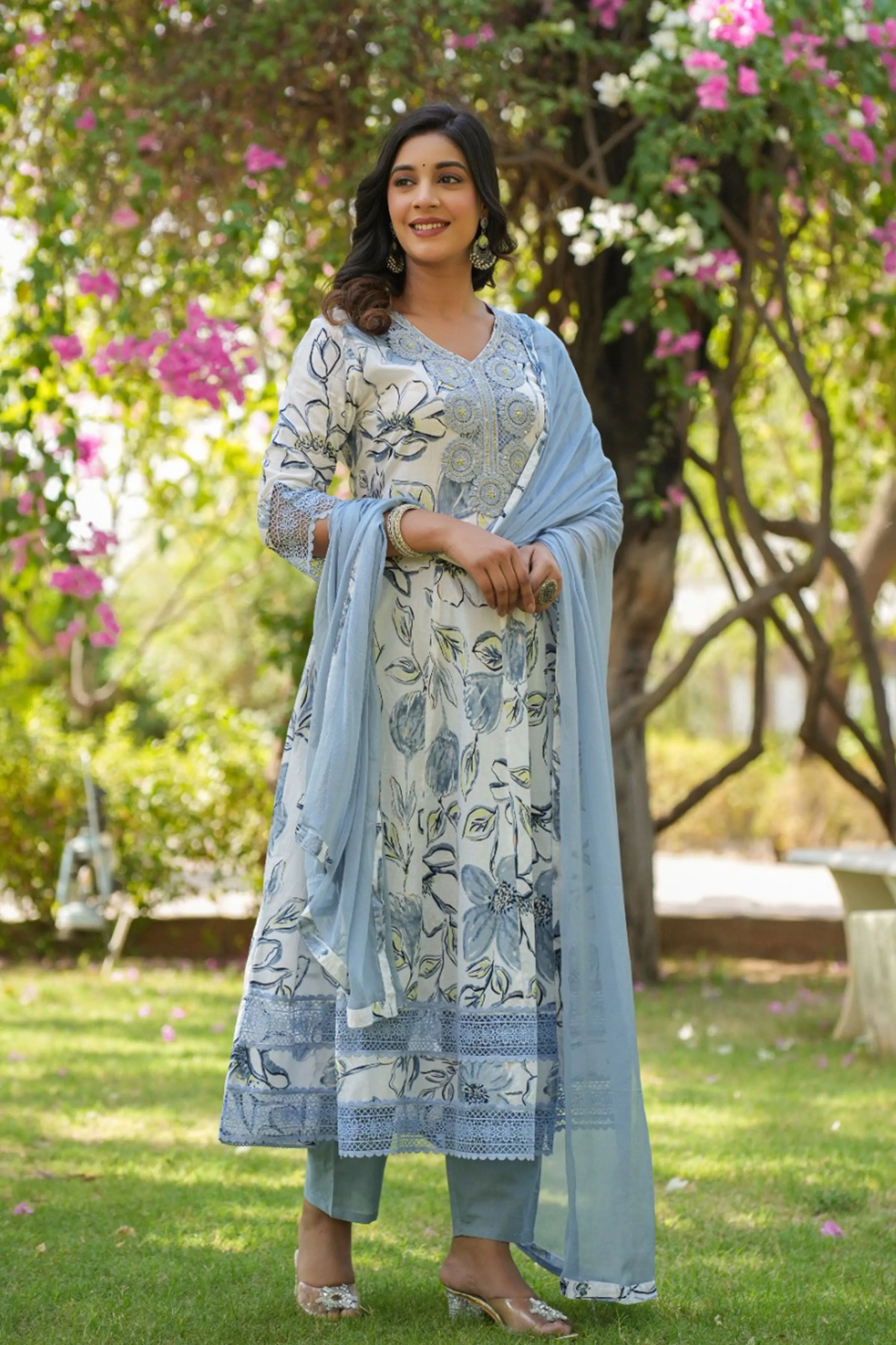 Ice Blue Floral Anarkali Suit Set