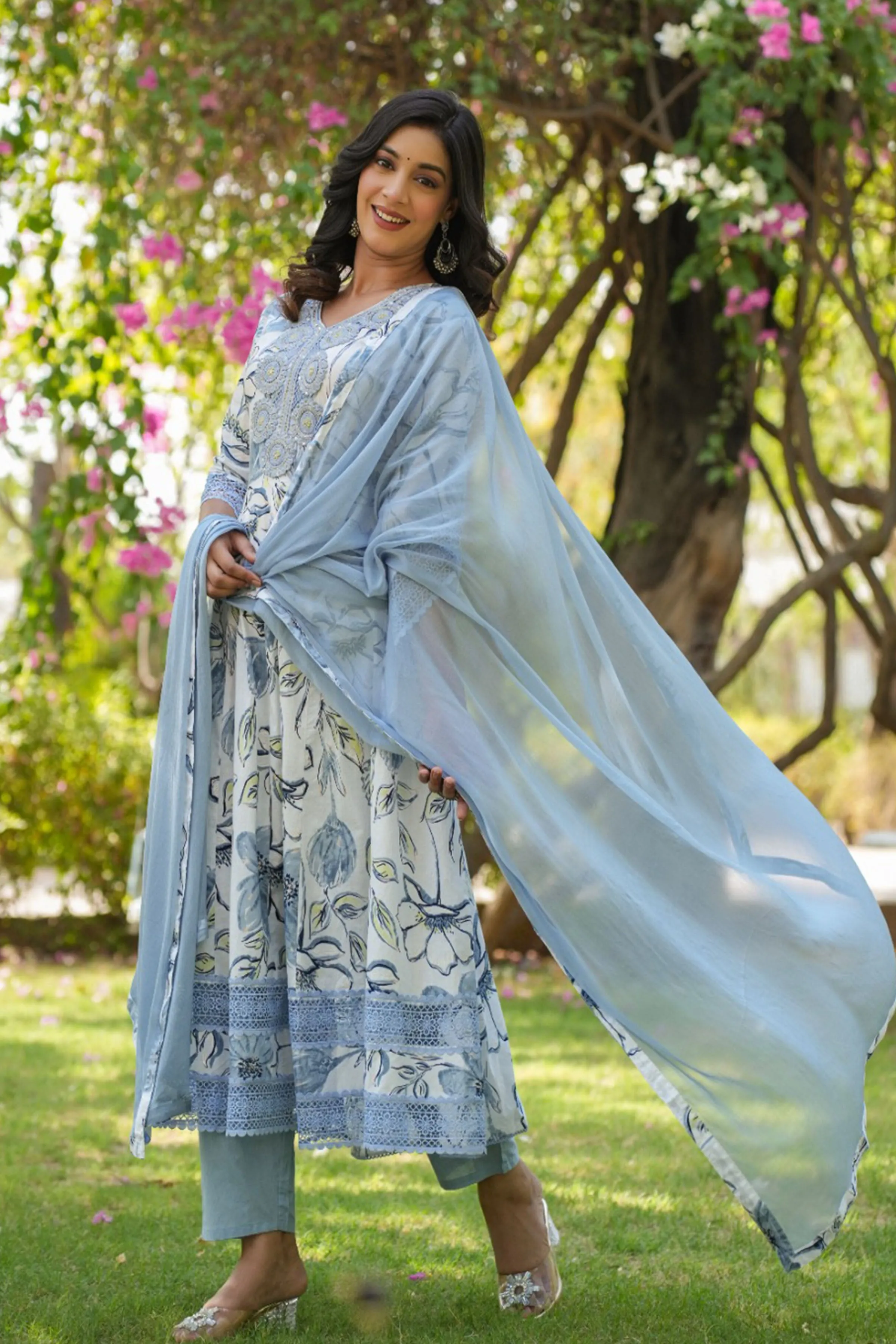 Ice Blue Floral Anarkali Suit Set