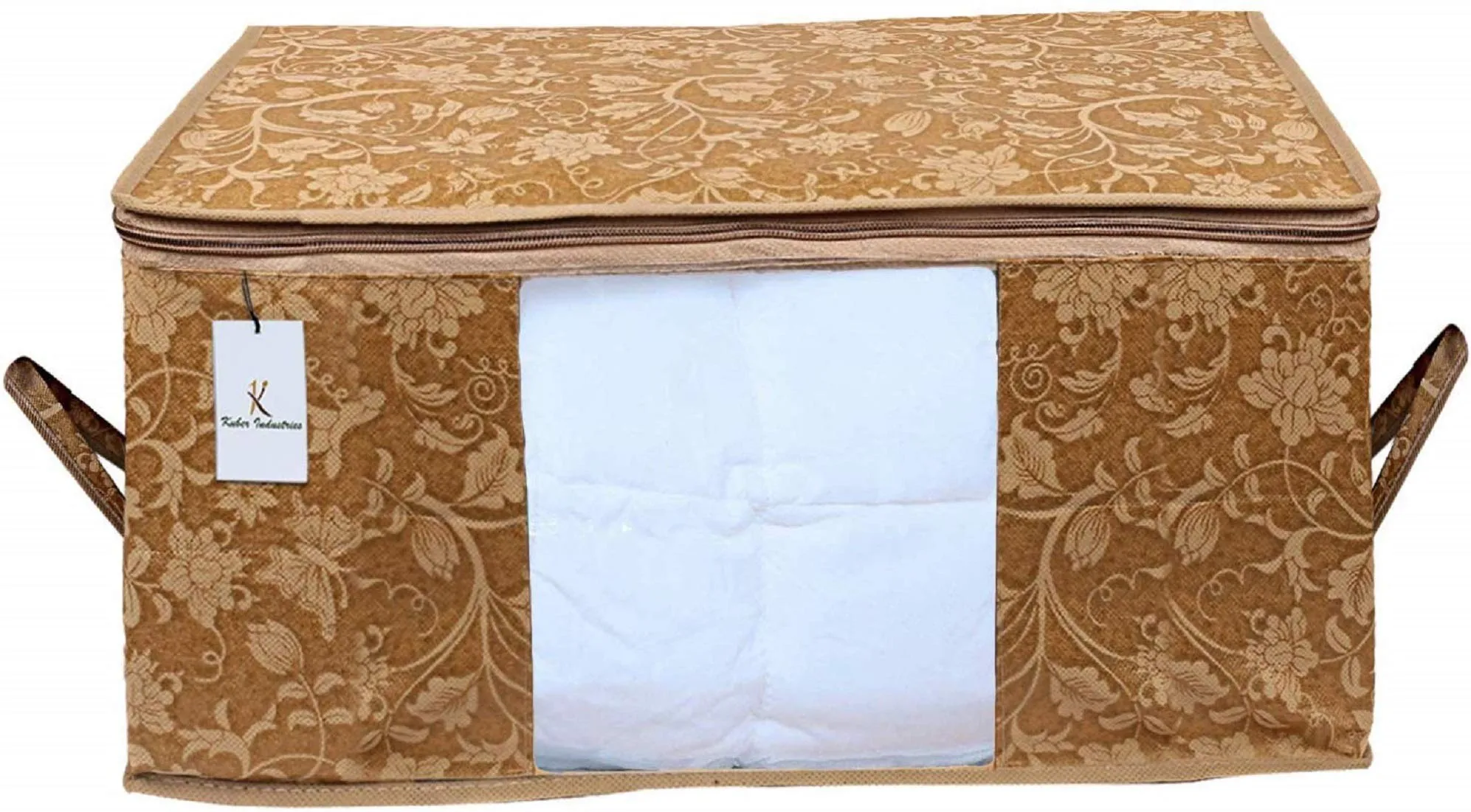 Kuber Industries Metalic Printed 2 Piece Non Woven Fabric Underbed Storage Bag,Cloth Organiser,Blanket Cover with Transparent Window, Gold & Beige -CTKTC041061