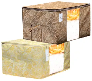Kuber Industries Metalic Printed 2 Piece Non Woven Fabric Underbed Storage Bag,Cloth Organiser,Blanket Cover with Transparent Window, Gold & Beige -CTKTC041061