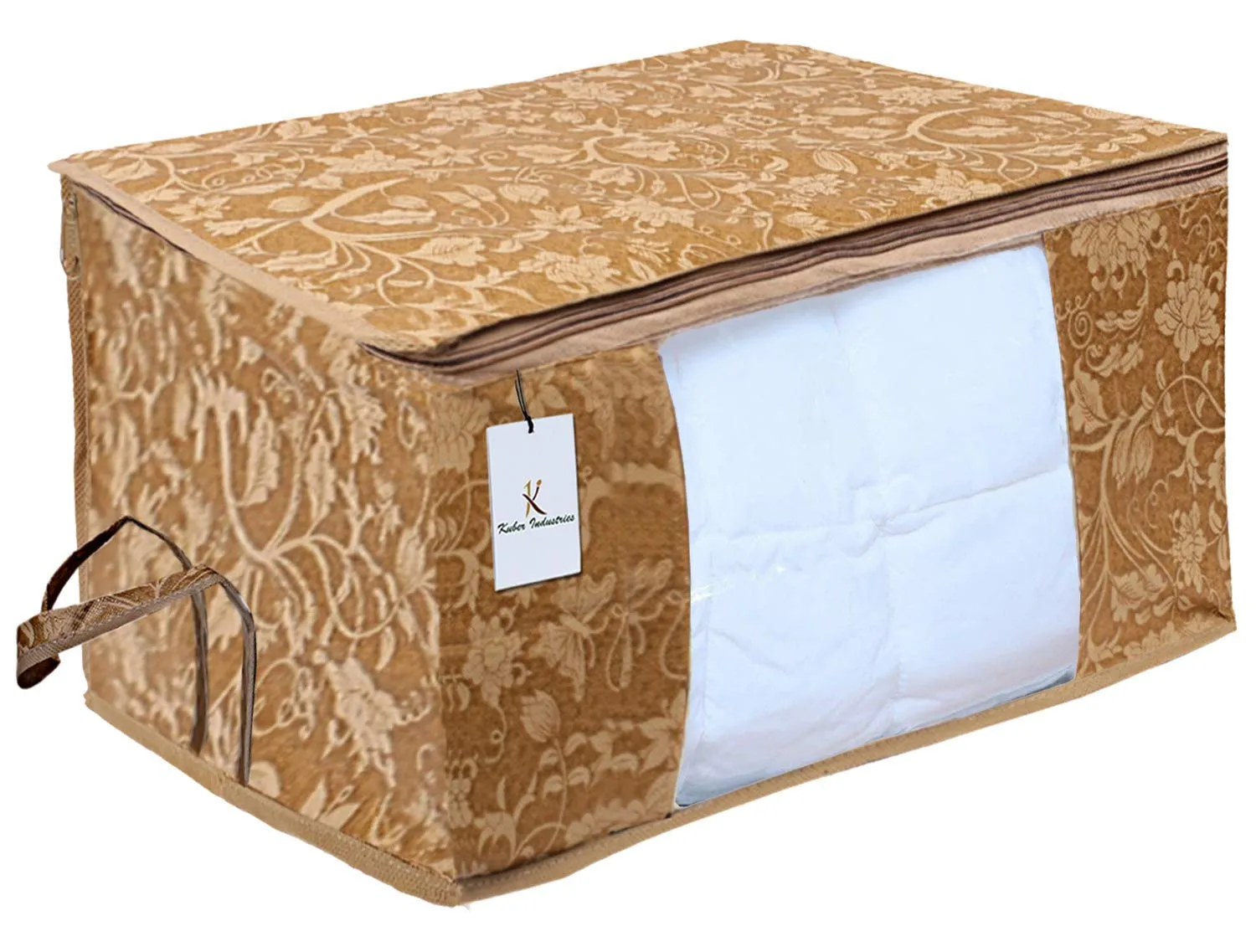 Kuber Industries Metalic Printed 2 Piece Non Woven Fabric Underbed Storage Bag,Cloth Organiser,Blanket Cover with Transparent Window, Gold & Beige -CTKTC041061