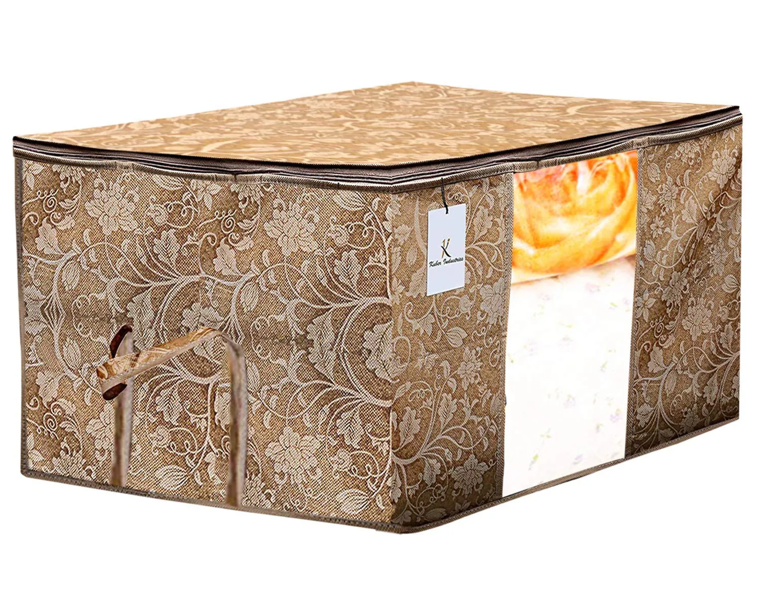 Kuber Industries Metalic Printed 2 Piece Non Woven Fabric Underbed Storage Bag,Cloth Organiser,Blanket Cover with Transparent Window, Gold & Beige -CTKTC041061