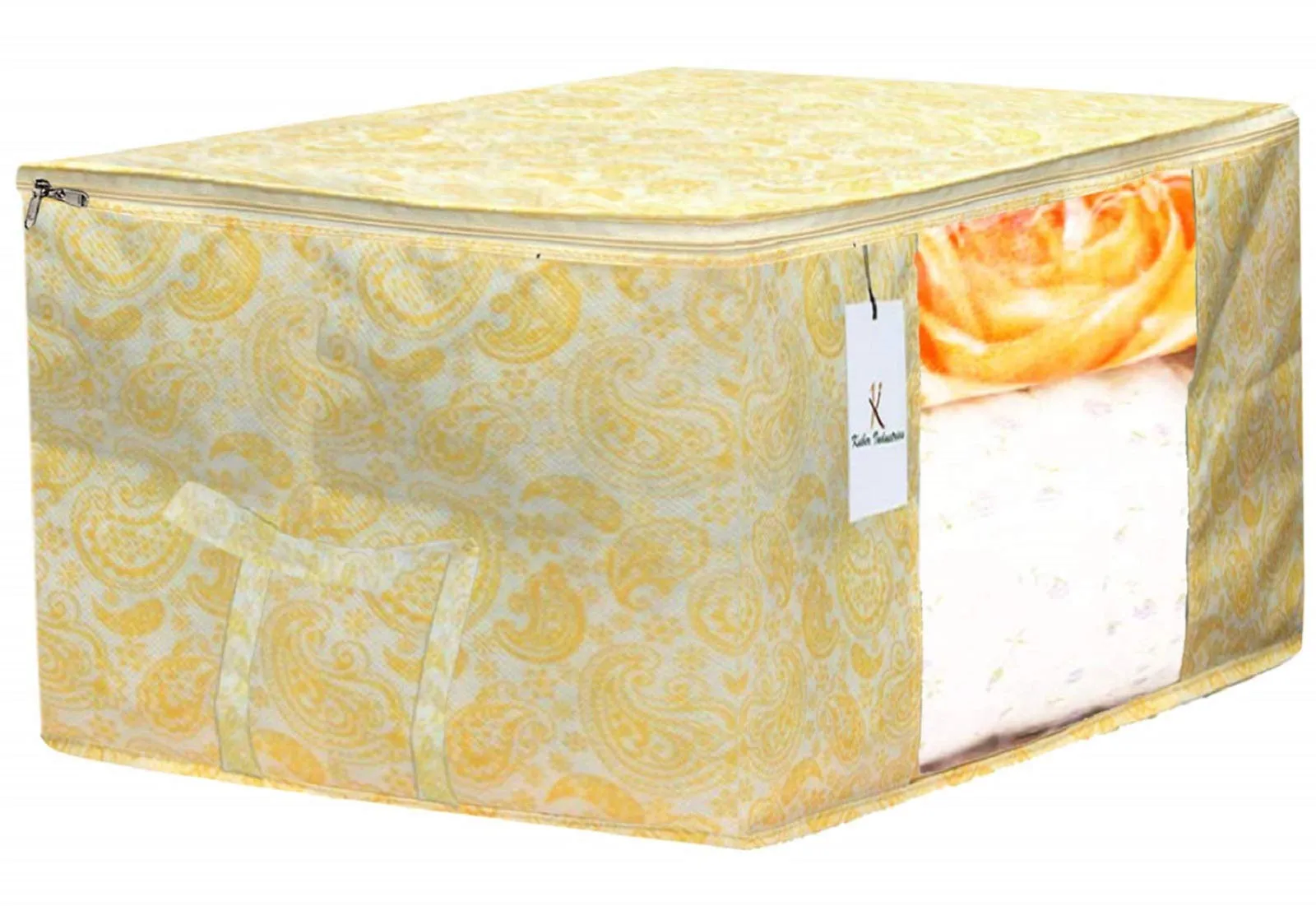 Kuber Industries Metalic Printed 2 Piece Non Woven Fabric Underbed Storage Bag,Cloth Organiser,Blanket Cover with Transparent Window, Gold & Beige -CTKTC041061