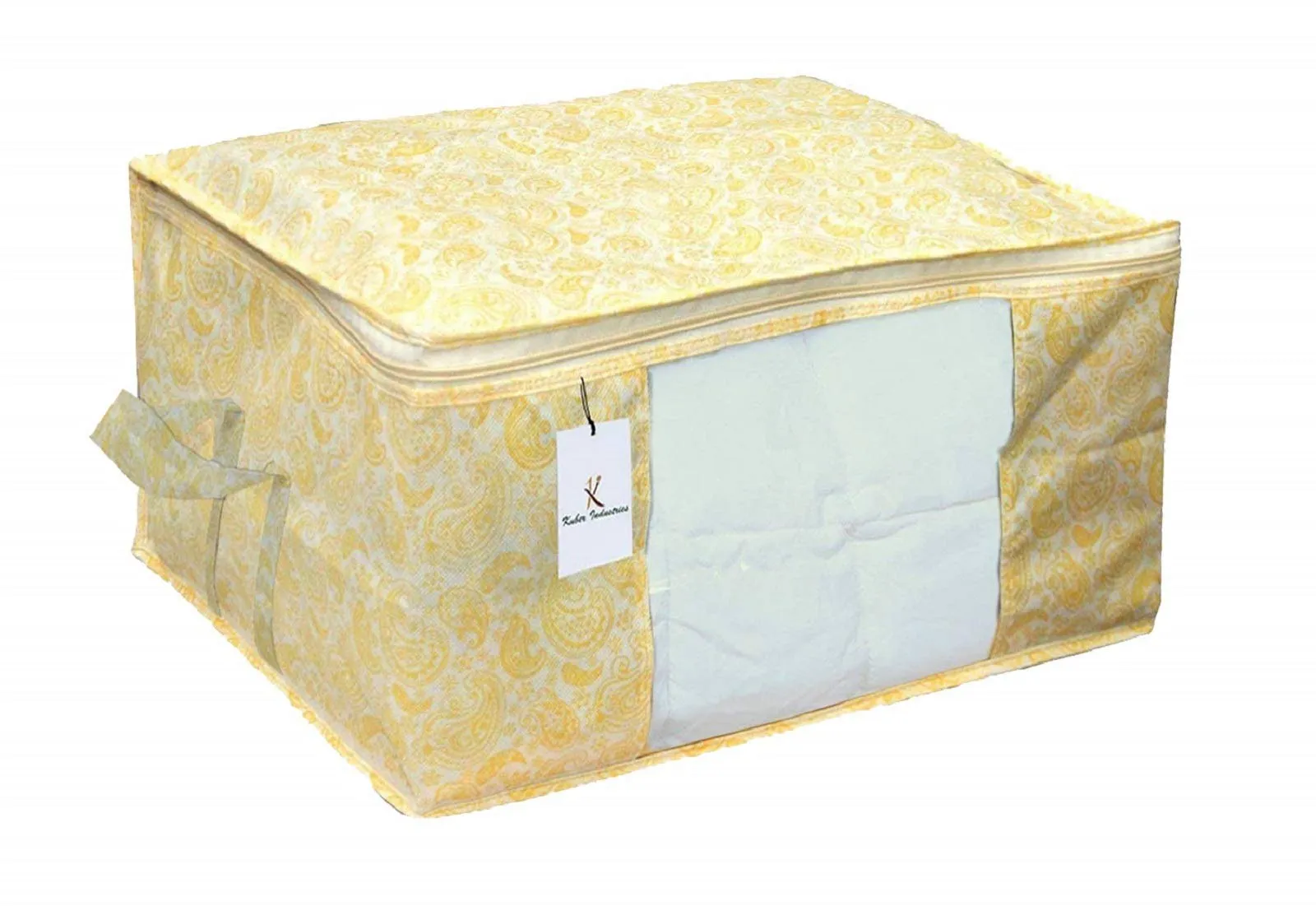 Kuber Industries Metalic Printed 2 Piece Non Woven Fabric Underbed Storage Bag,Cloth Organiser,Blanket Cover with Transparent Window, Gold & Beige -CTKTC041061