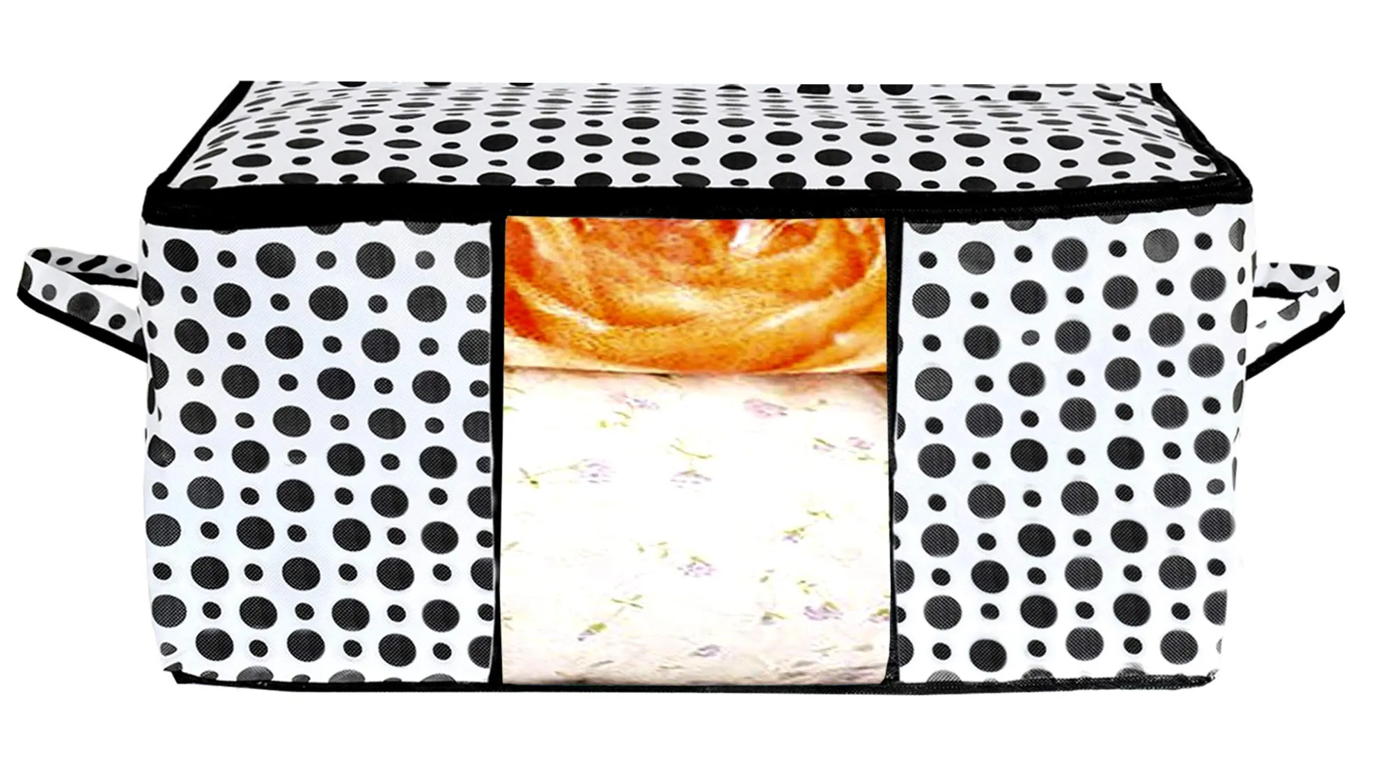 Kuber Industries Polka Dots Design Non Woven Underbed Storage Bag, Cloth Organiser, Blanket Cover with Transparent Window (Black and White) -CTKTC038108, Standard