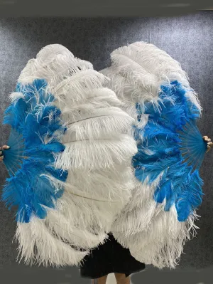 Mix blue & white 2 Layers Ostrich Feather Fan 30''x 54'' with Travel leather Bag