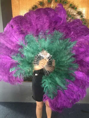 Mix dark purple & forest green 2 Layers Ostrich Feather Fan 30''x 54'' with Travel leather Bag