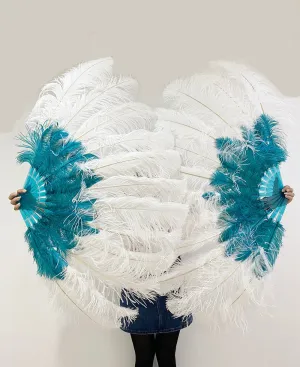 Mix teal & white 2 Layers Ostrich Feather Fan 30''x 54'' with Travel leather Bag