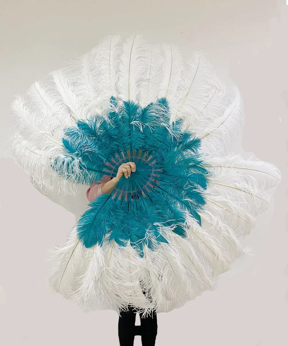 Mix teal & white 2 Layers Ostrich Feather Fan 30''x 54'' with Travel leather Bag