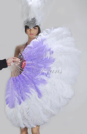 Mix white & aqua violet 2 Layers Ostrich Feather Fan 30''x 54'' with Travel leather Bag