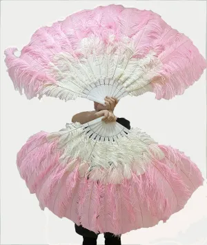 Mixed pink & white 2 Layers Ostrich Feather Fan 30''x 54'' with Travel leather Bag
