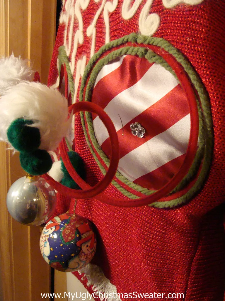 Naughty Tacky 3D Ugly Christmas Sweater Springy Funny 80s Padded Shoulders Bat-Arms Fringe (r6)