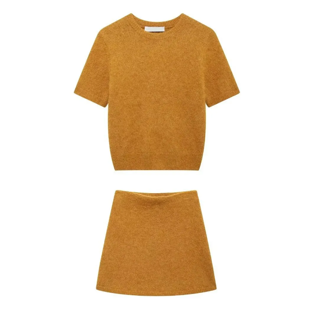 TAVIMART  -  New Solid Knitted Skirts Sets Women O Neck Short Sleeve Crop Top Mini Skirt Suits Streetwear Fashion Elegant Sexy Two-piece Set