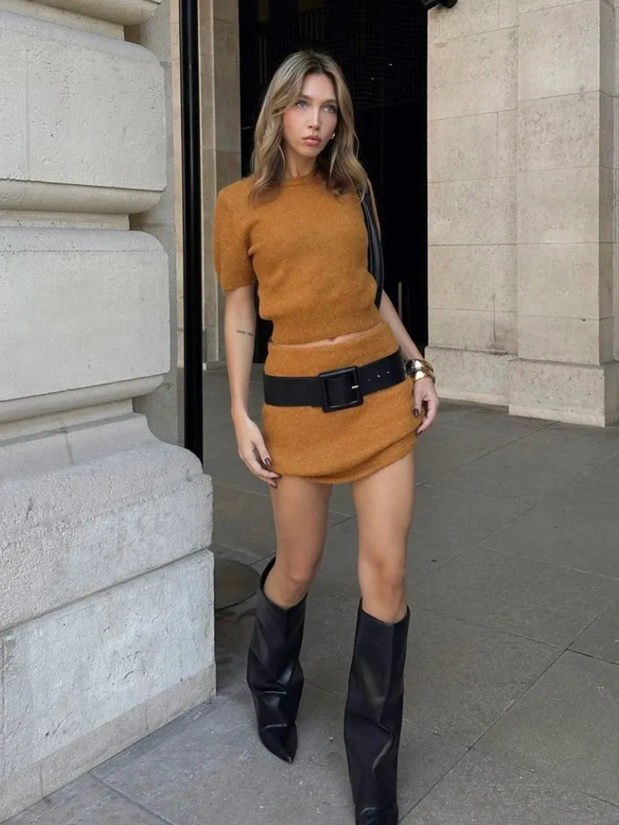 TAVIMART  -  New Solid Knitted Skirts Sets Women O Neck Short Sleeve Crop Top Mini Skirt Suits Streetwear Fashion Elegant Sexy Two-piece Set