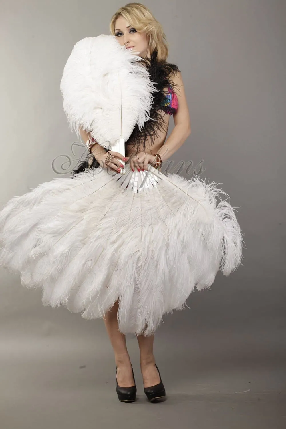 White intermediate 2 layers Ostrich Feather Fan 30"x 54"