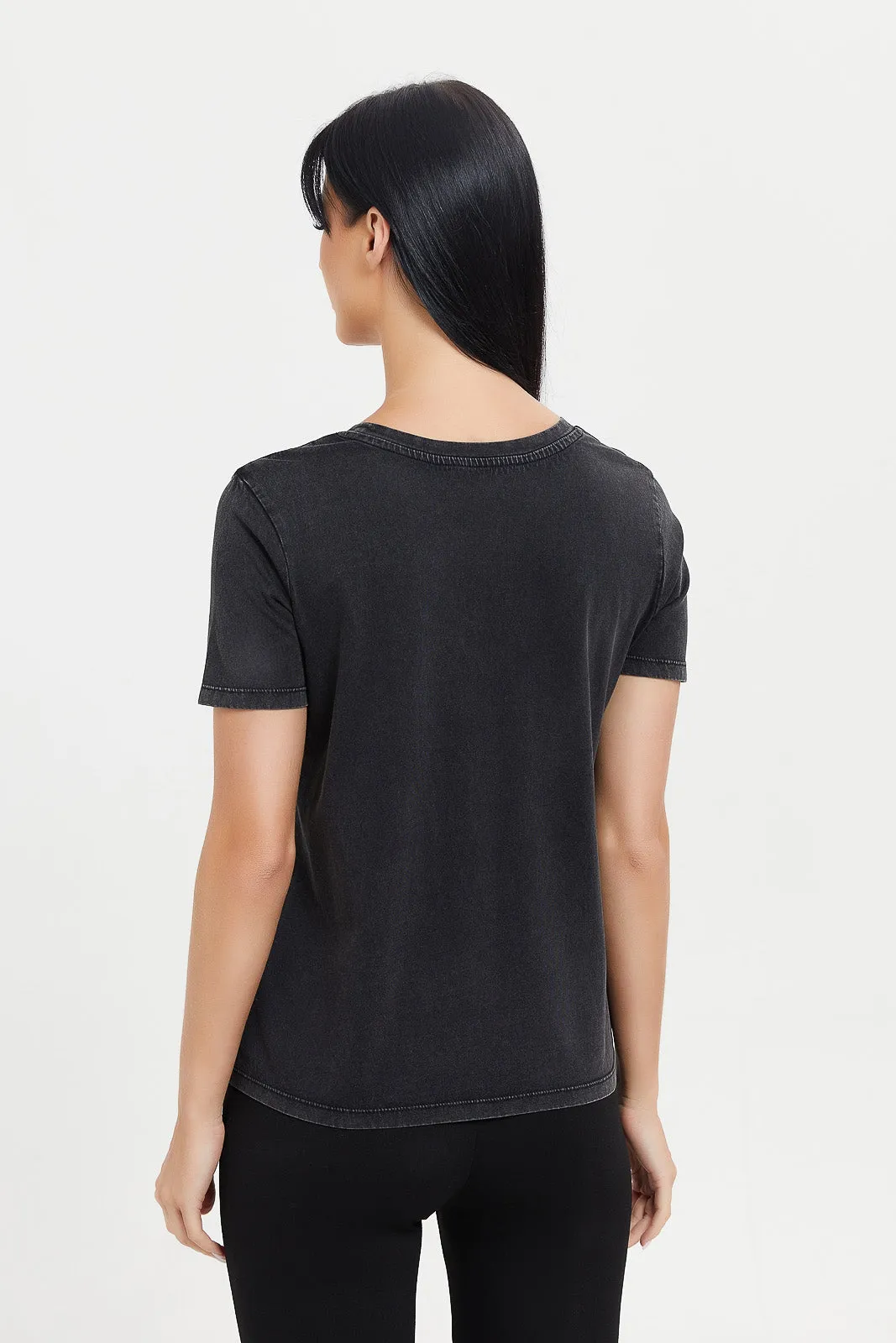 Women Black Shoulder Embellished T-Shirt