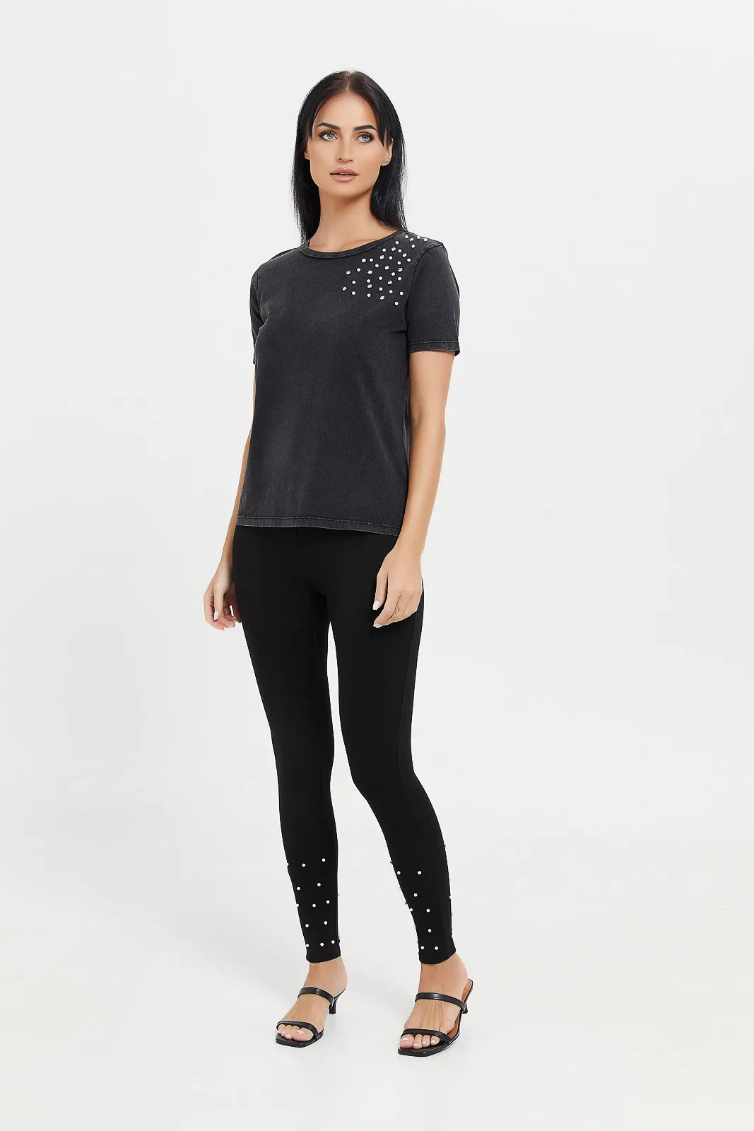 Women Black Shoulder Embellished T-Shirt