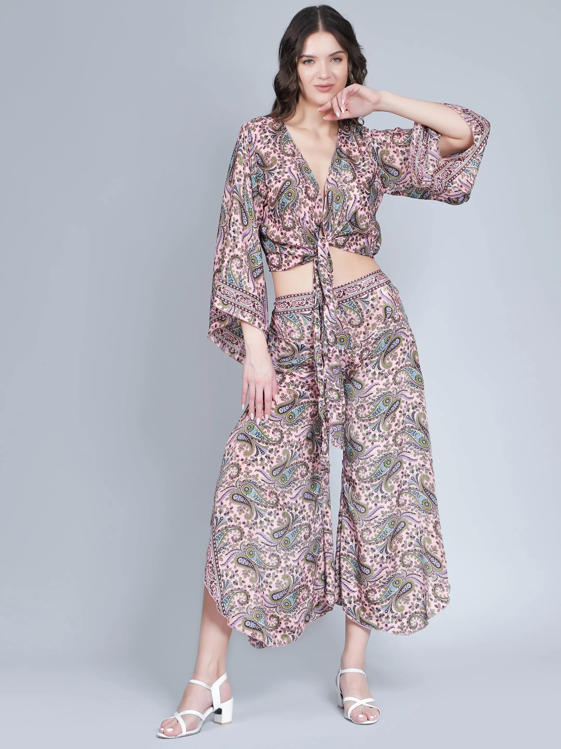 Women Printed Tie Front Top and Palazzo Pant Co-ord Set
