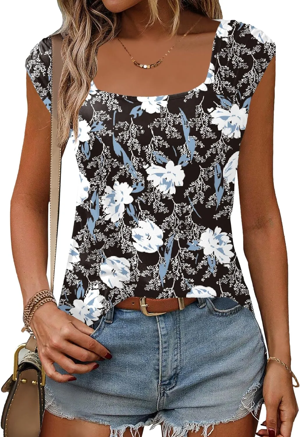 Zeagoo Square Neck Casual Cap Sleeve Shirt