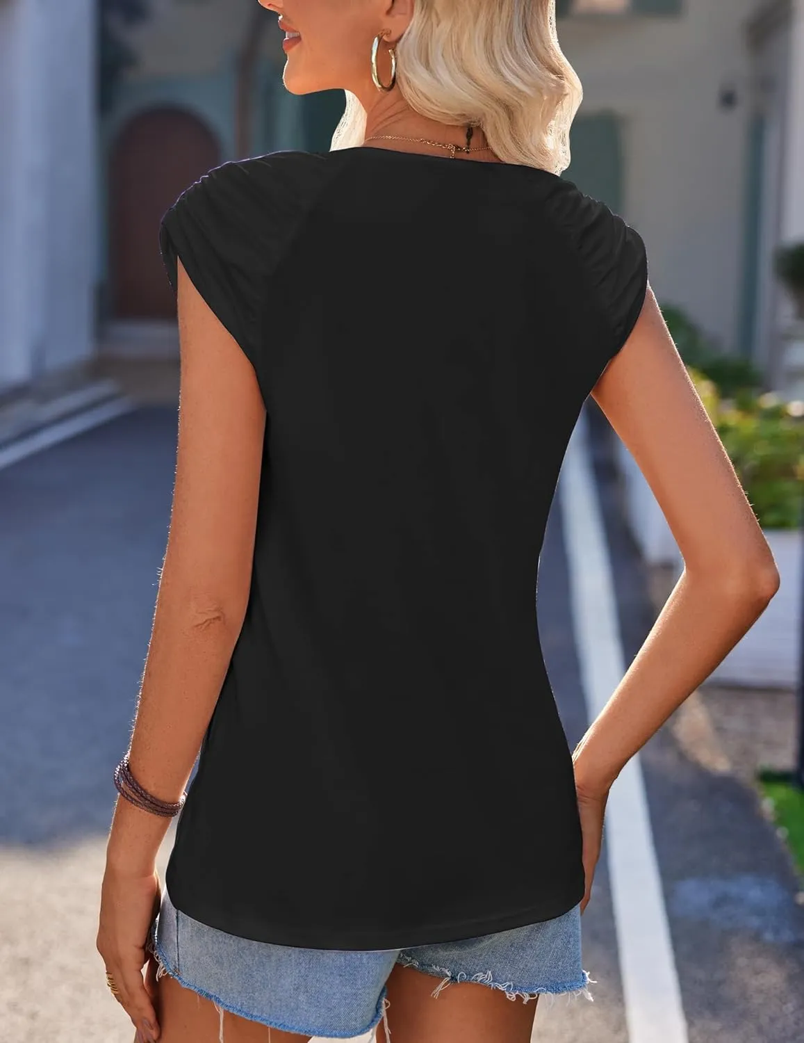 Zeagoo Square Neck Casual Cap Sleeve Shirt