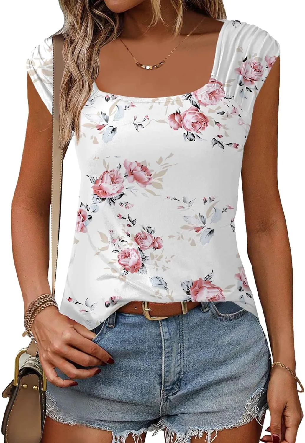 Zeagoo Square Neck Casual Cap Sleeve Shirt
