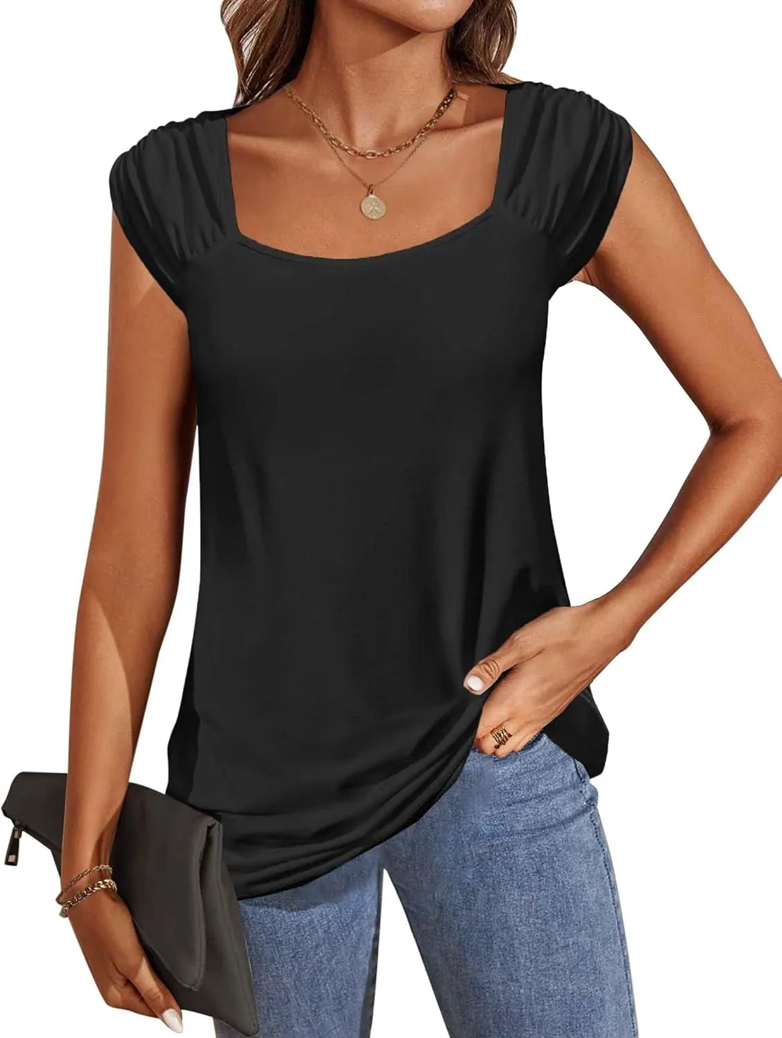 Zeagoo Square Neck Casual Cap Sleeve Shirt