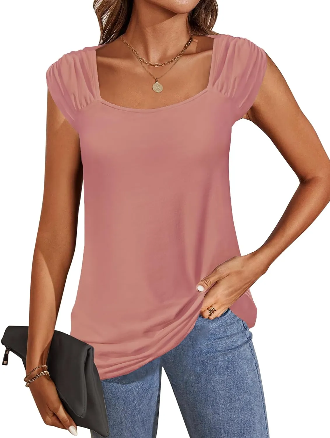Zeagoo Square Neck Casual Cap Sleeve Shirt
