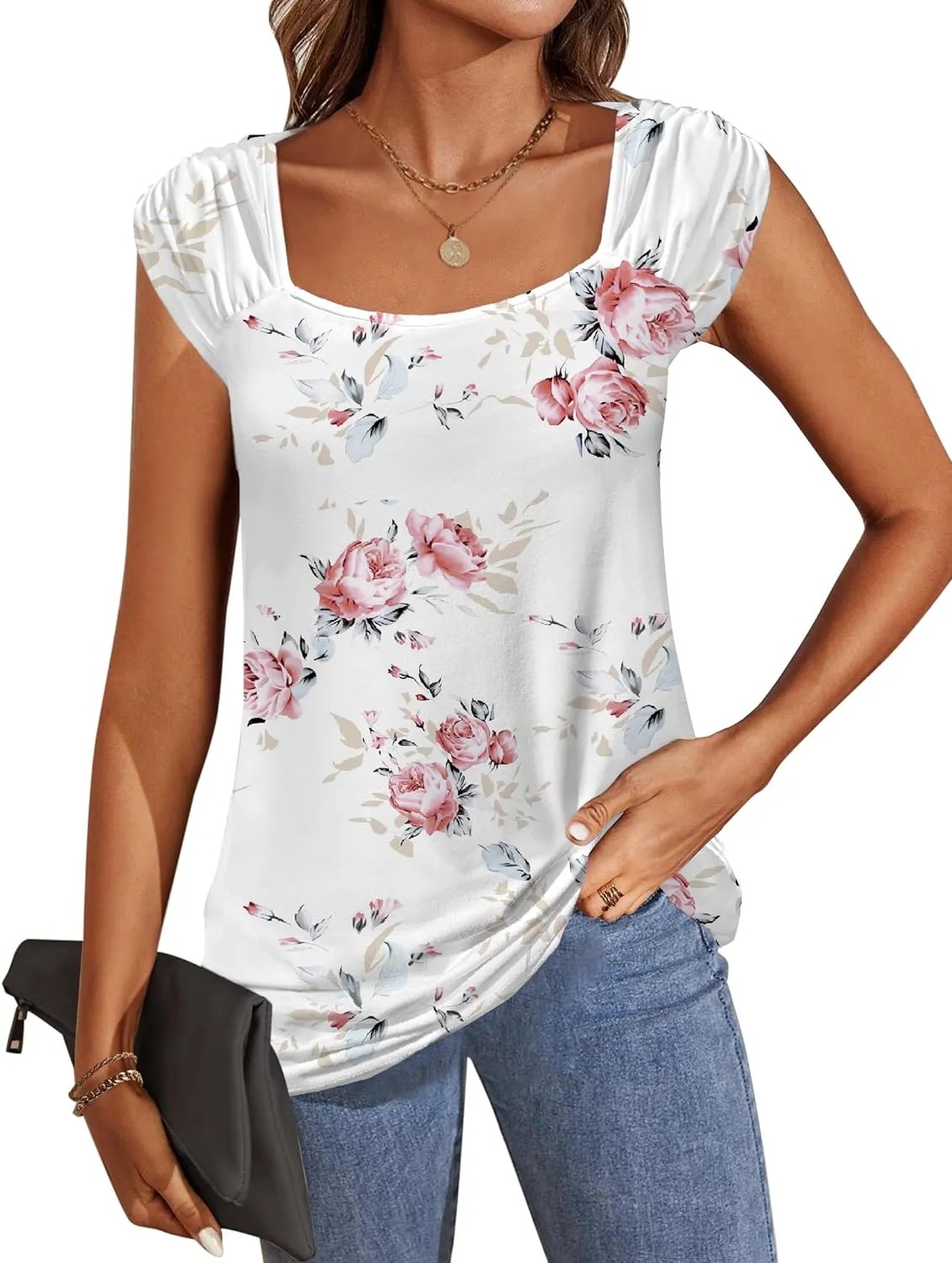 Zeagoo Square Neck Casual Cap Sleeve Shirt