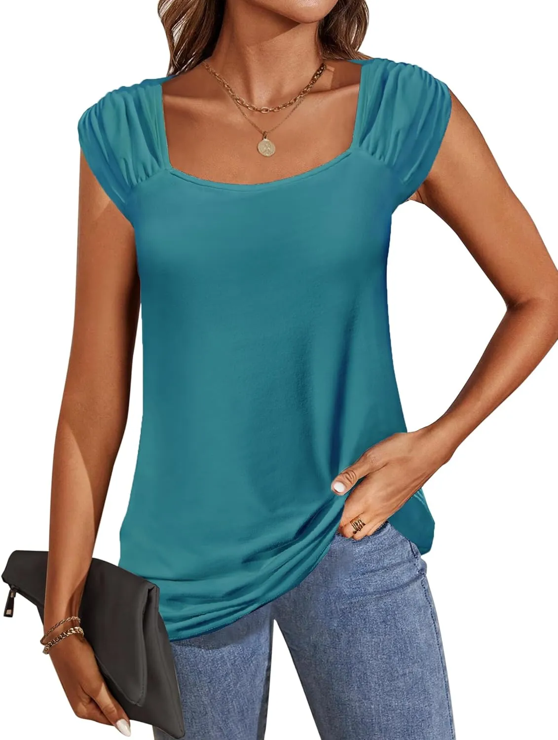 Zeagoo Square Neck Casual Cap Sleeve Shirt