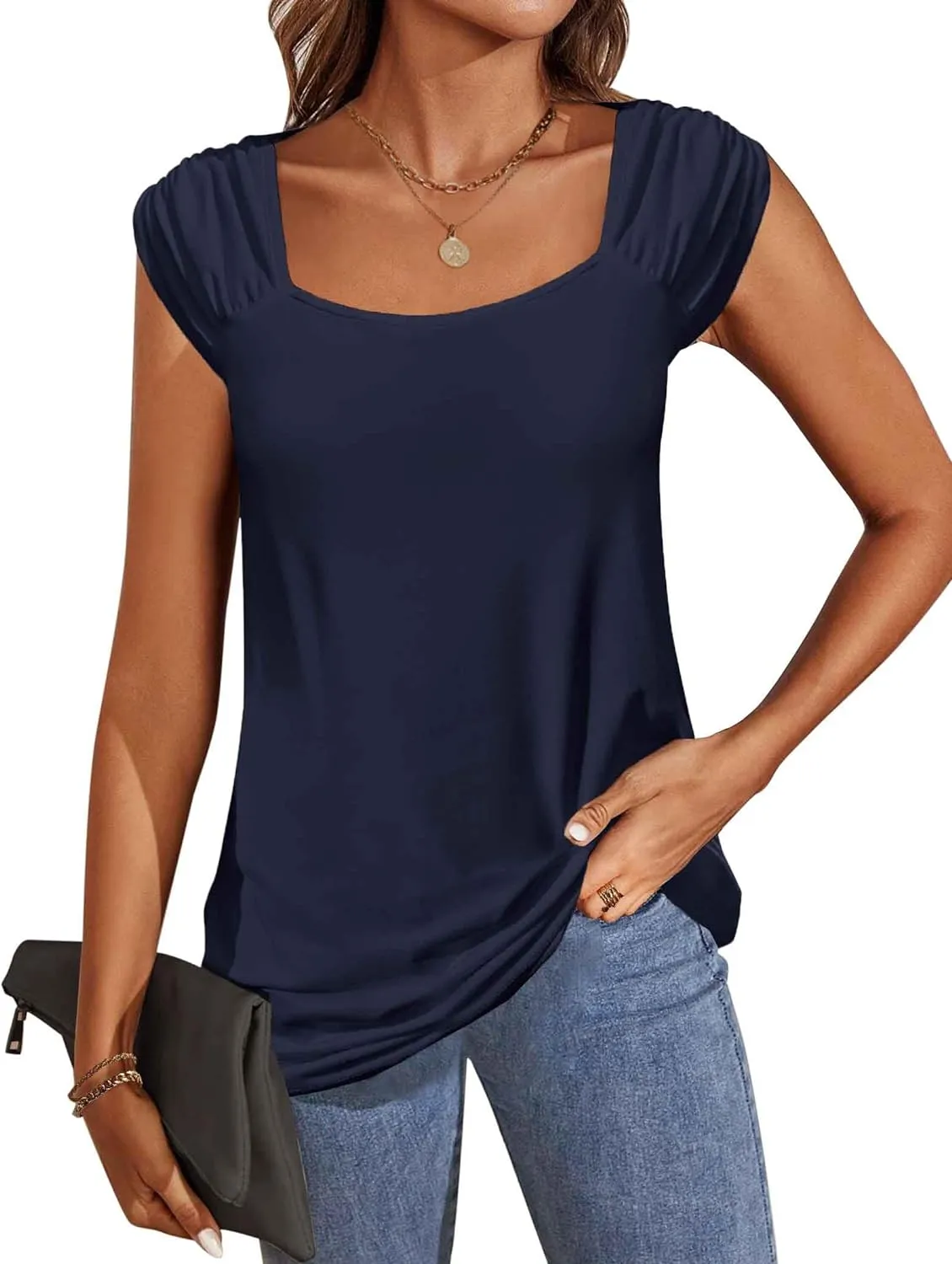 Zeagoo Square Neck Casual Cap Sleeve Shirt