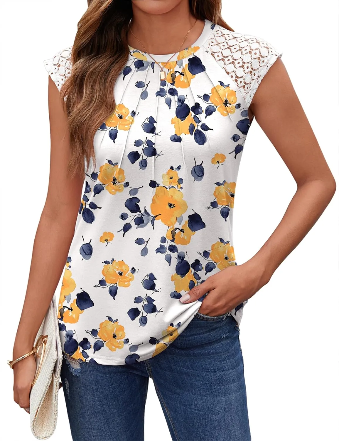 Zeagoo Women's Lace Cap Sleeve Tops Pleated Tank Tops