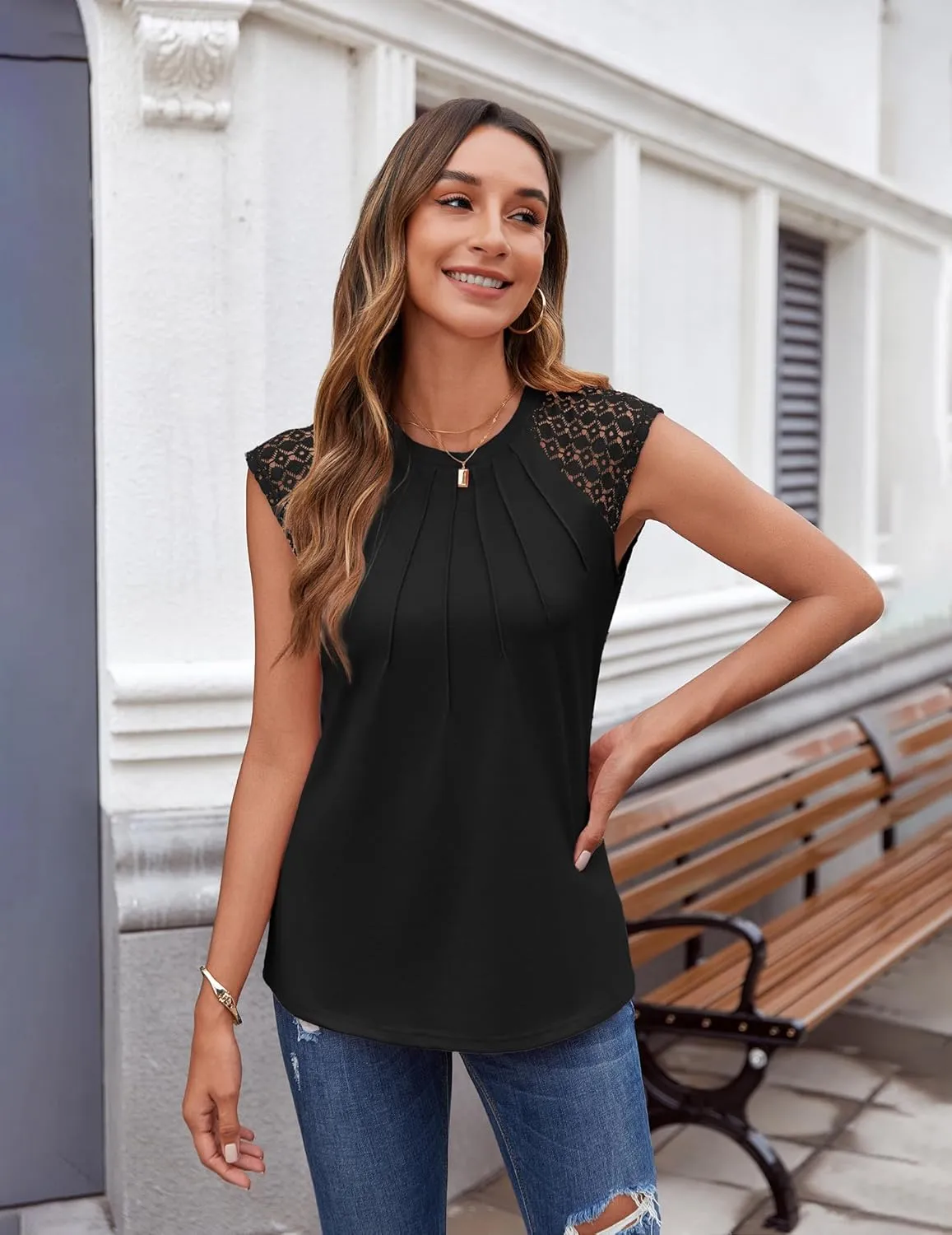 Zeagoo Women's Lace Cap Sleeve Tops Pleated Tank Tops