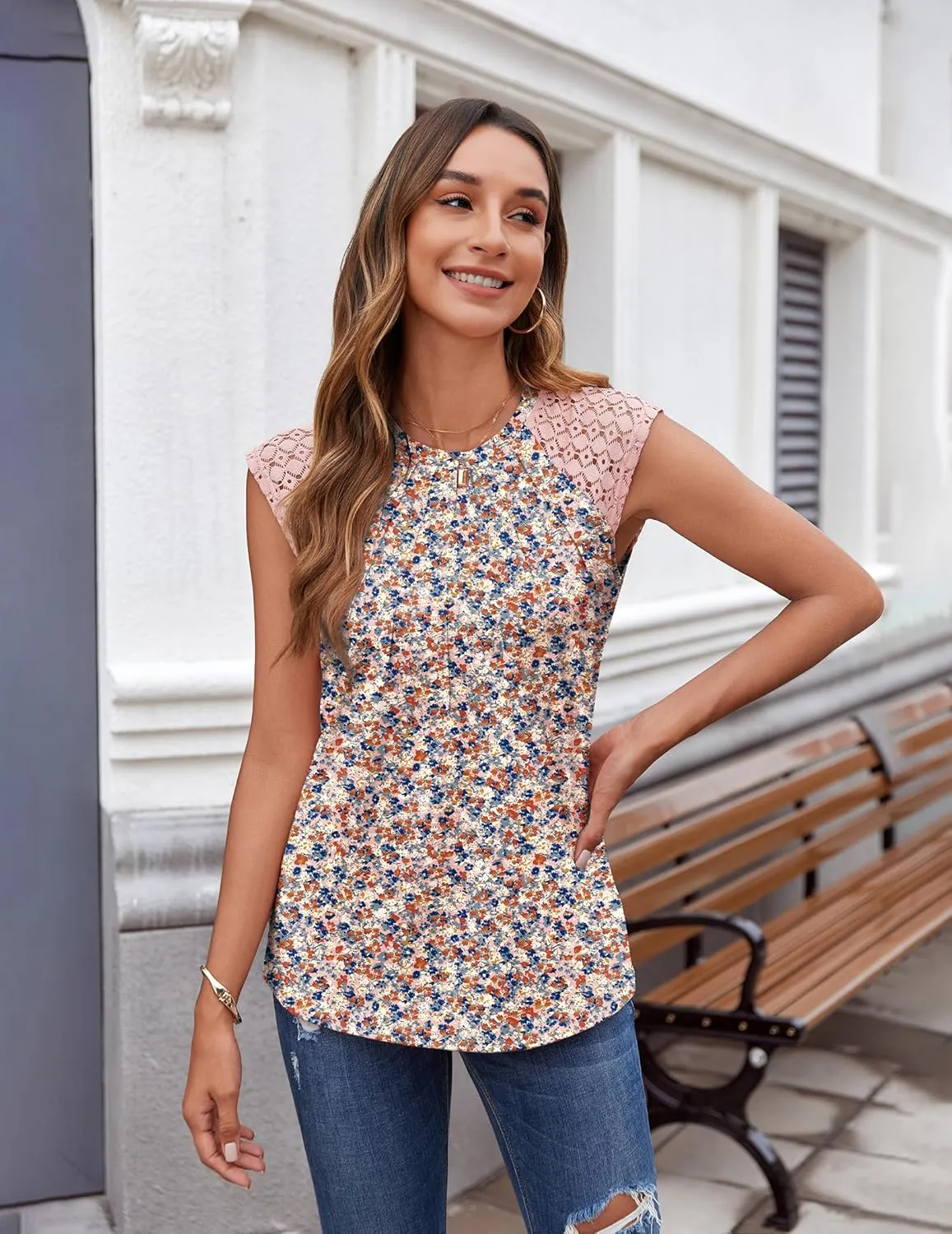 Zeagoo Women's Lace Cap Sleeve Tops Pleated Tank Tops