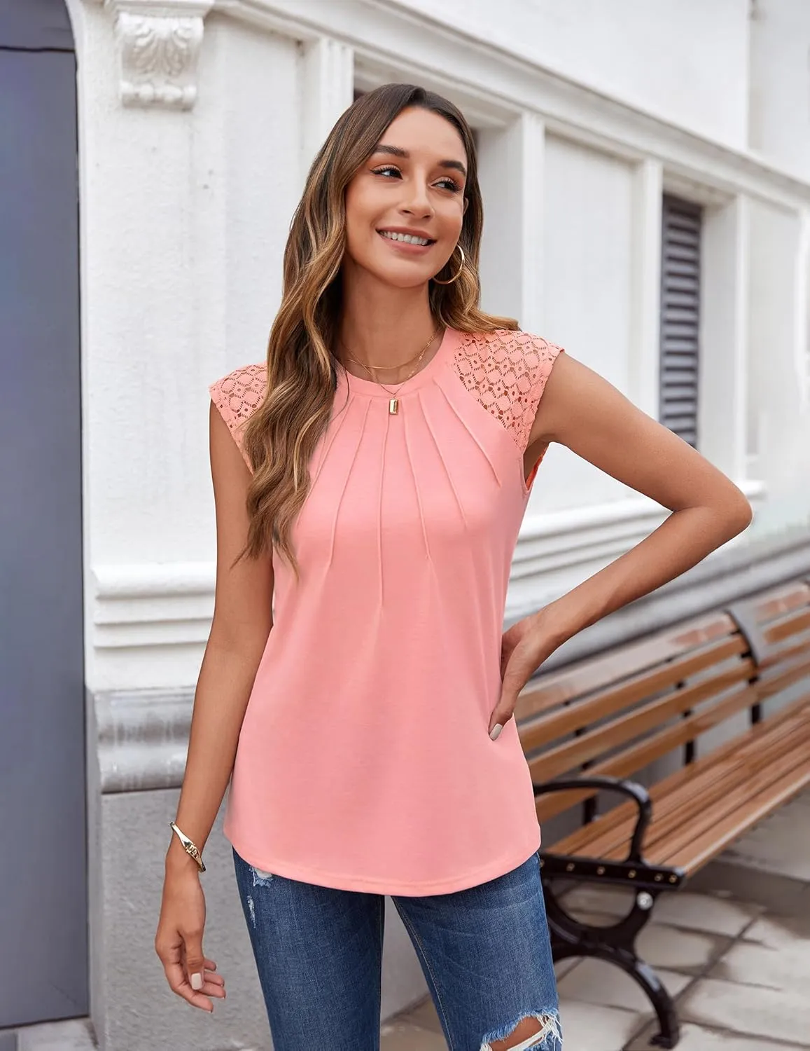 Zeagoo Women's Lace Cap Sleeve Tops Pleated Tank Tops