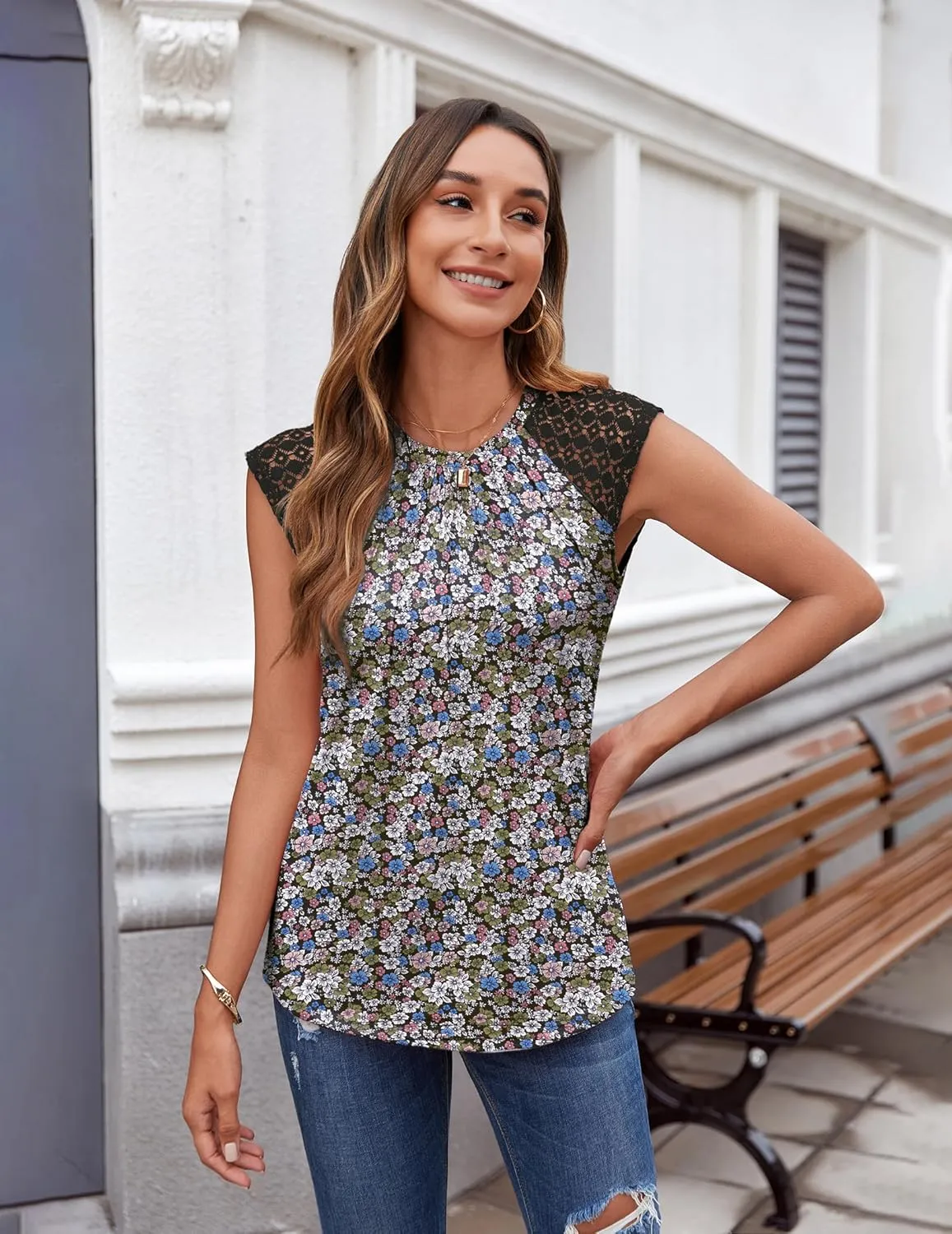 Zeagoo Women's Lace Cap Sleeve Tops Pleated Tank Tops