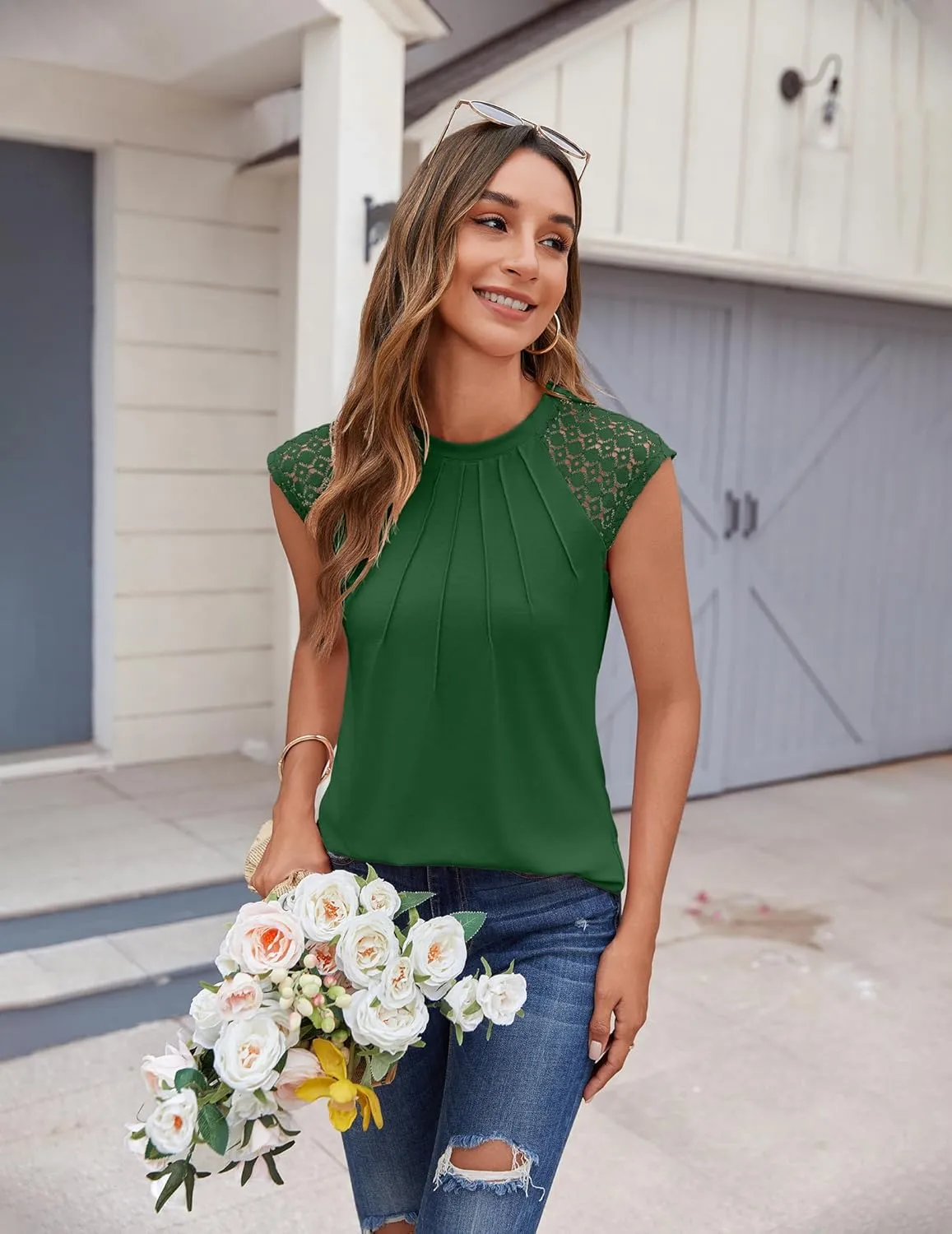 Zeagoo Women's Lace Cap Sleeve Tops Pleated Tank Tops