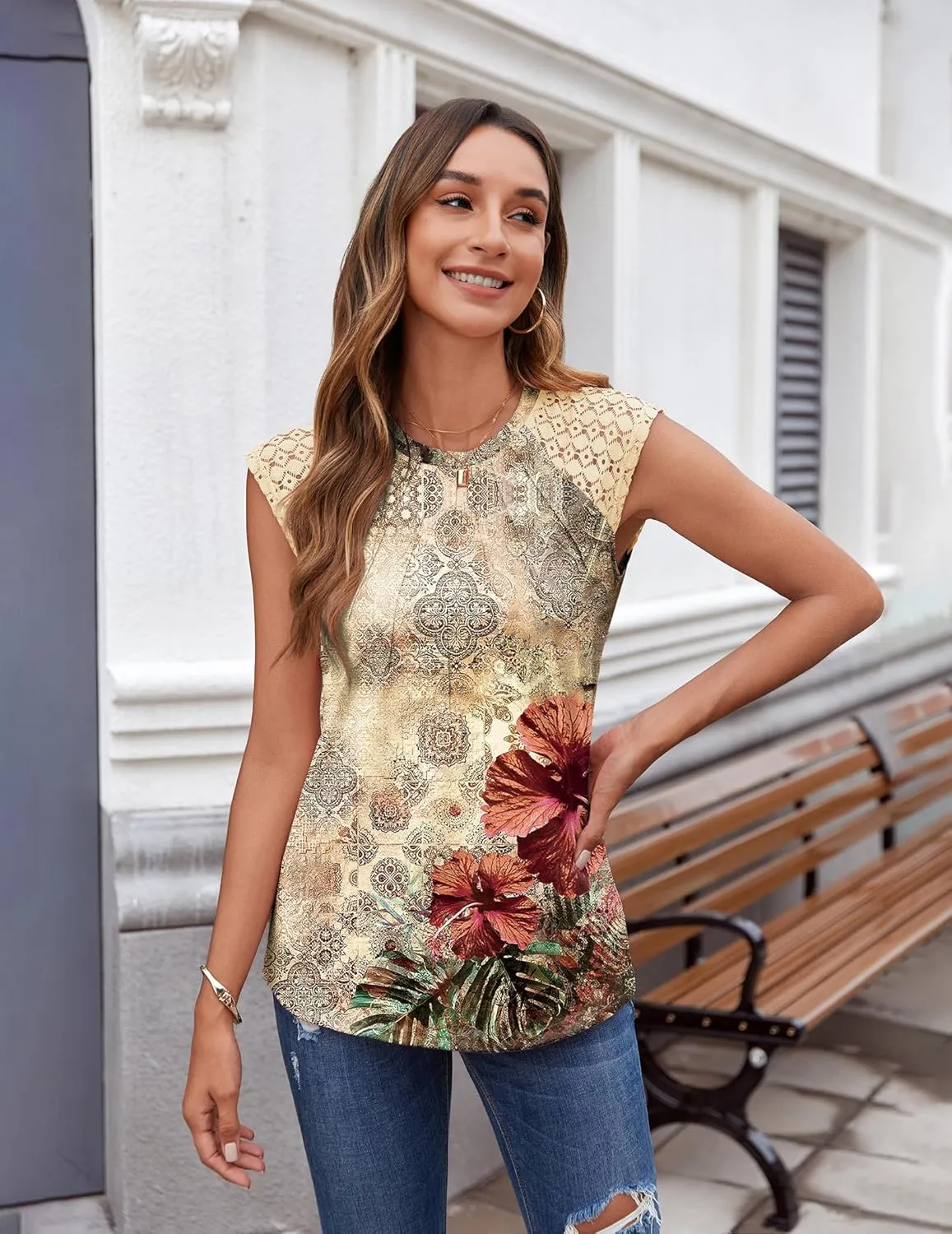 Zeagoo Women's Lace Cap Sleeve Tops Pleated Tank Tops