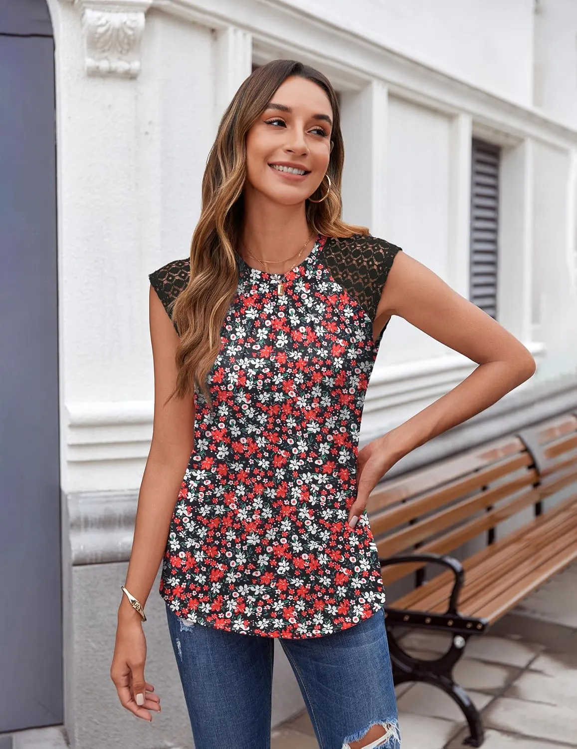 Zeagoo Women's Lace Cap Sleeve Tops Pleated Tank Tops