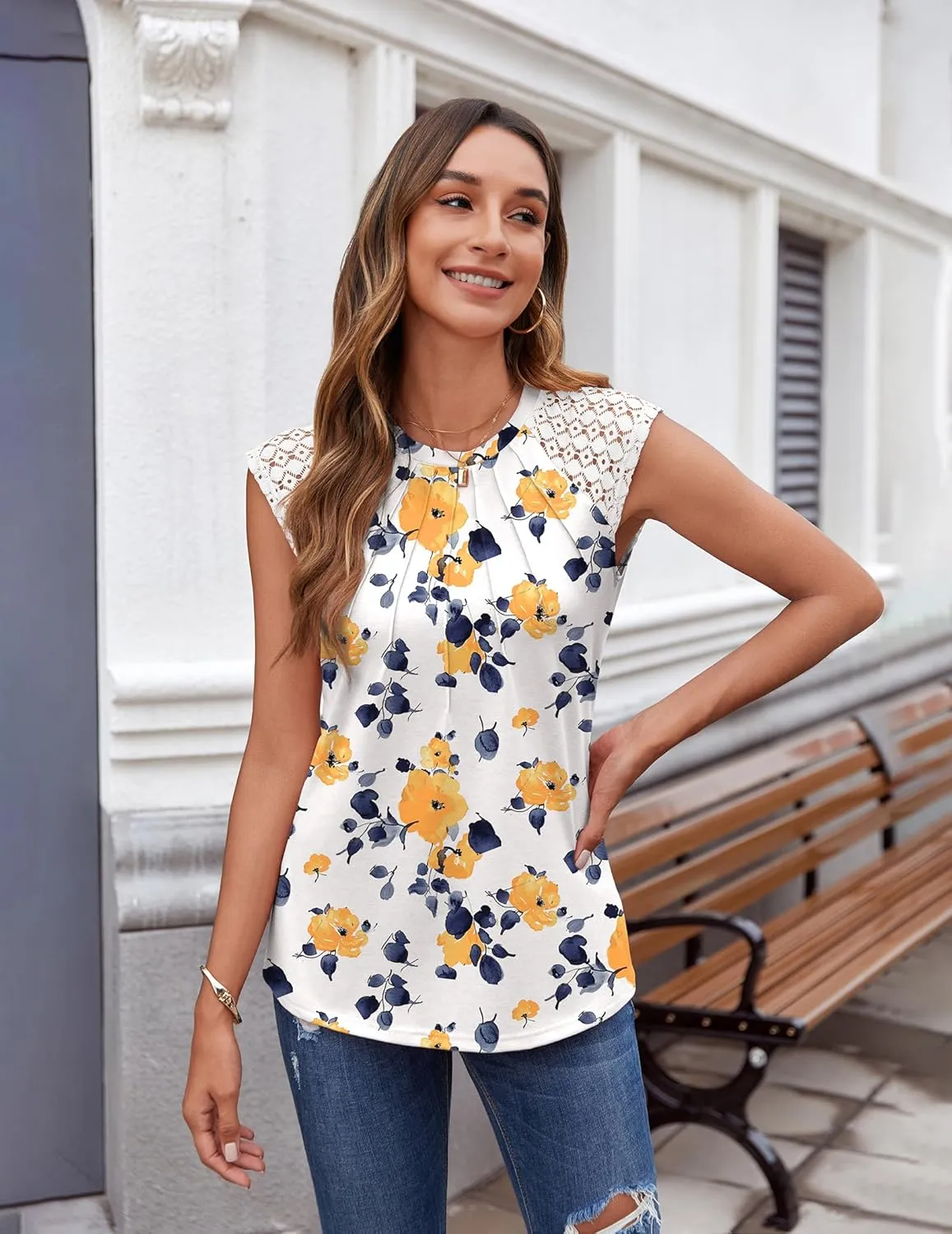 Zeagoo Women's Lace Cap Sleeve Tops Pleated Tank Tops