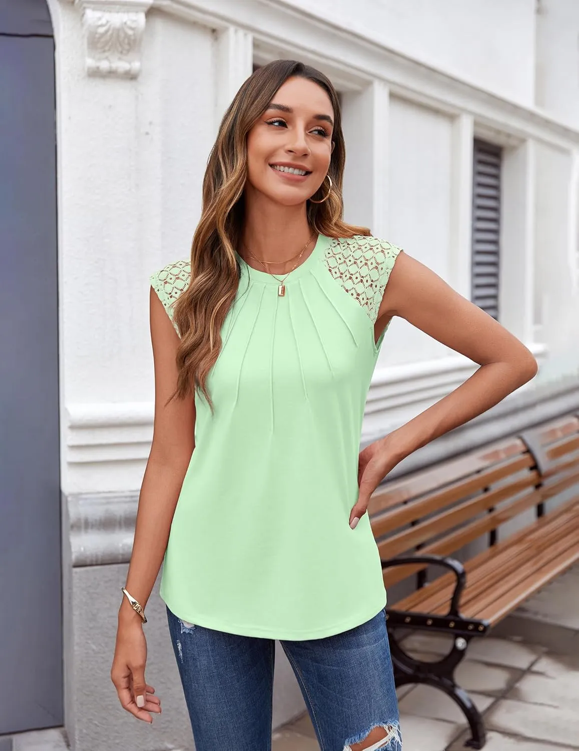 Zeagoo Women's Lace Cap Sleeve Tops Pleated Tank Tops