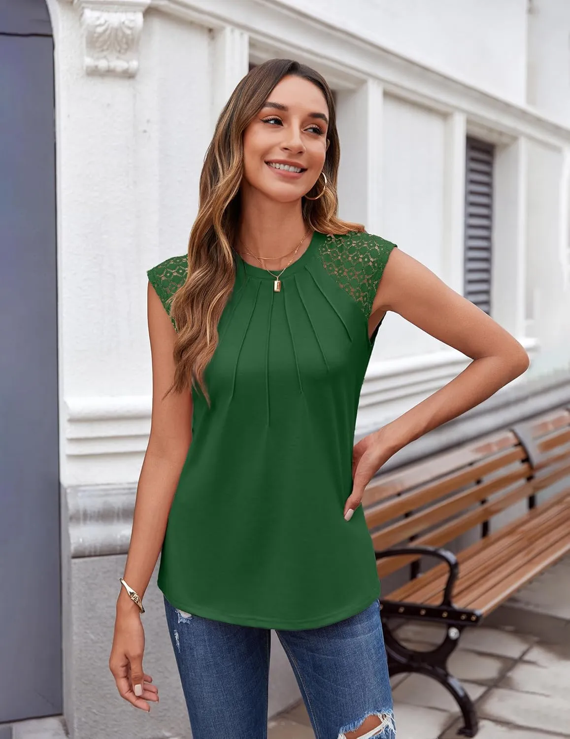 Zeagoo Women's Lace Cap Sleeve Tops Pleated Tank Tops