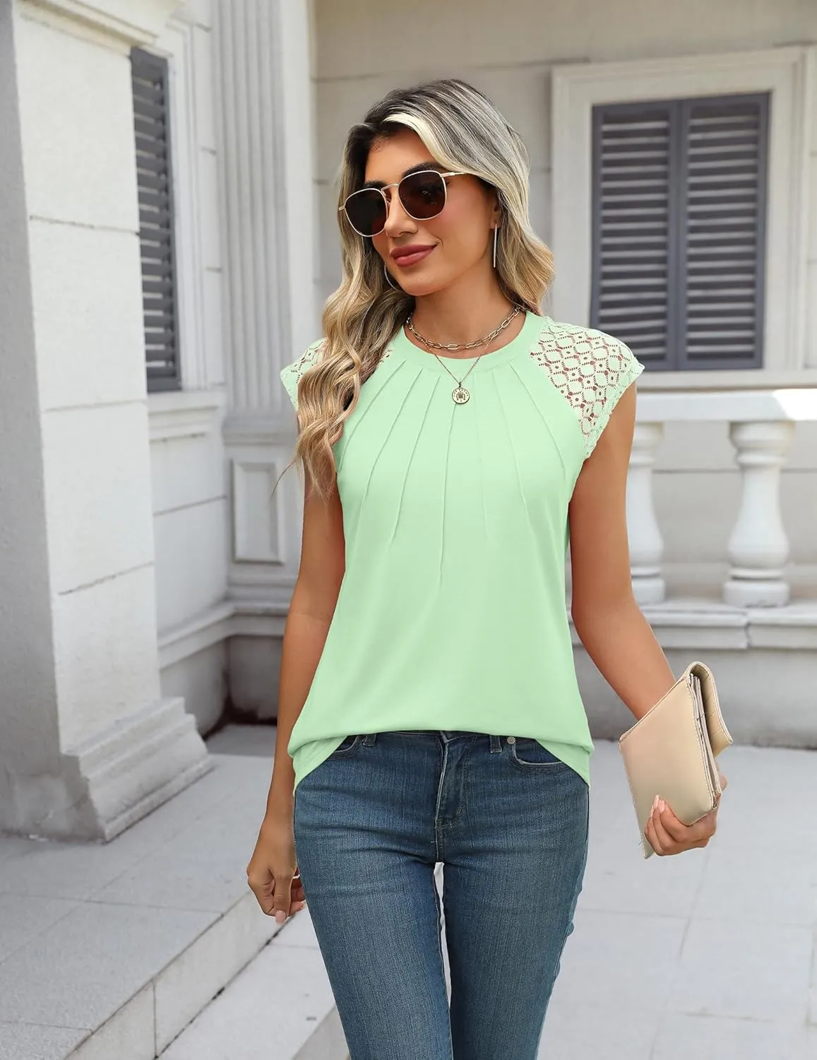 Zeagoo Women's Lace Cap Sleeve Tops Pleated Tank Tops